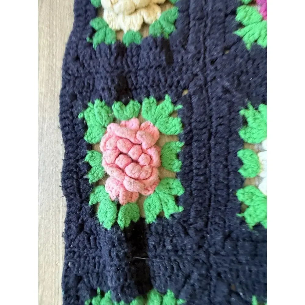 Vintage Handmade Crochet 3D Flower Granny Square Afghan Blanket 36x20